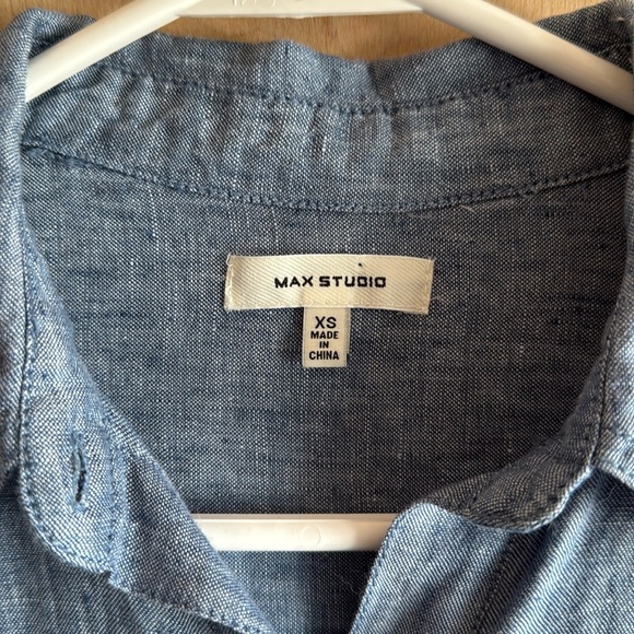 MAX STUDIO Linen Shirt Dress XS Tab Sleeve Button Down Denim Look - Picture 8 of 9